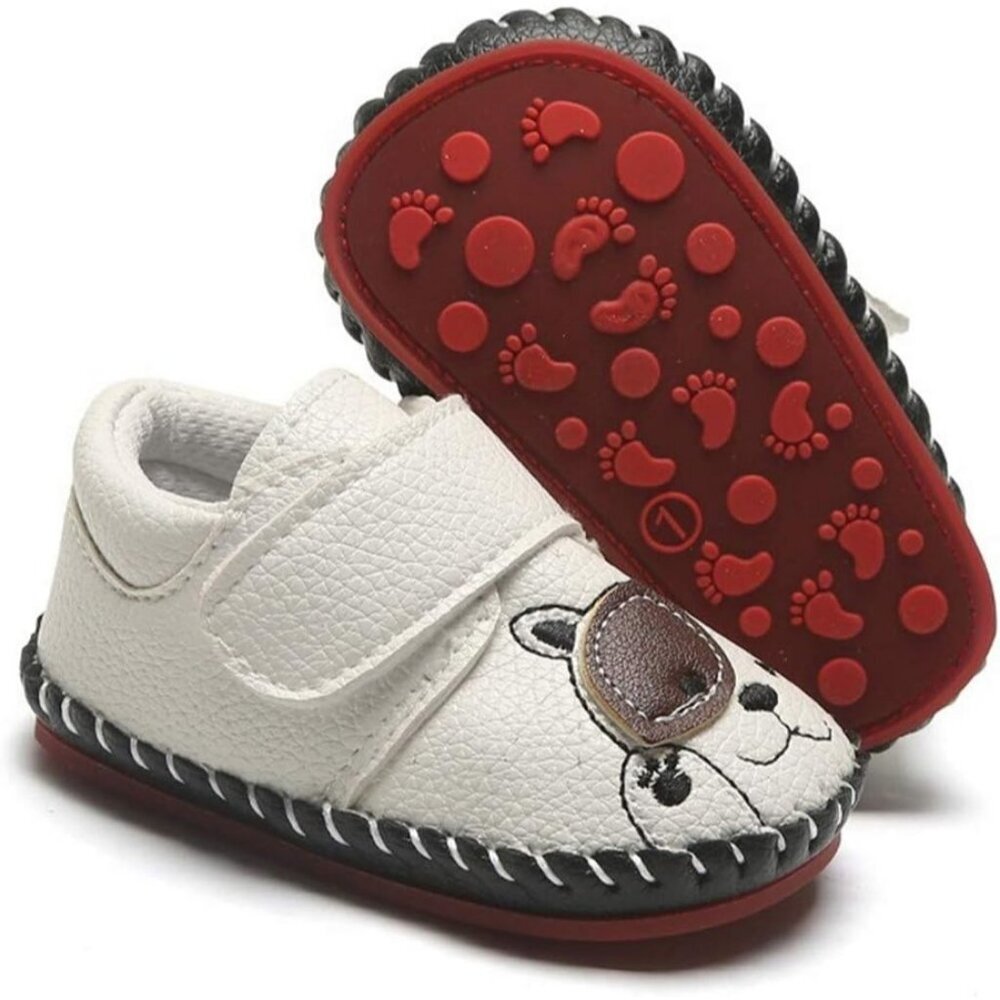 Toddler Dog/Cream White Baby Boys Girls Pu Leather Hard Bottom Walking Sneakers
